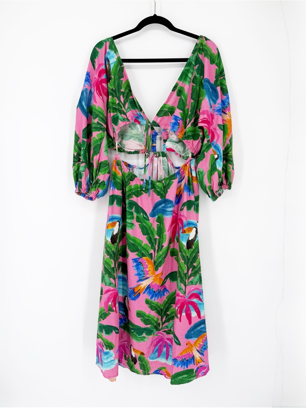 Farm Rio x Anthropologie V-Neck Cutout Dress Color Tropical Toucan Large - Picture 7 of 10